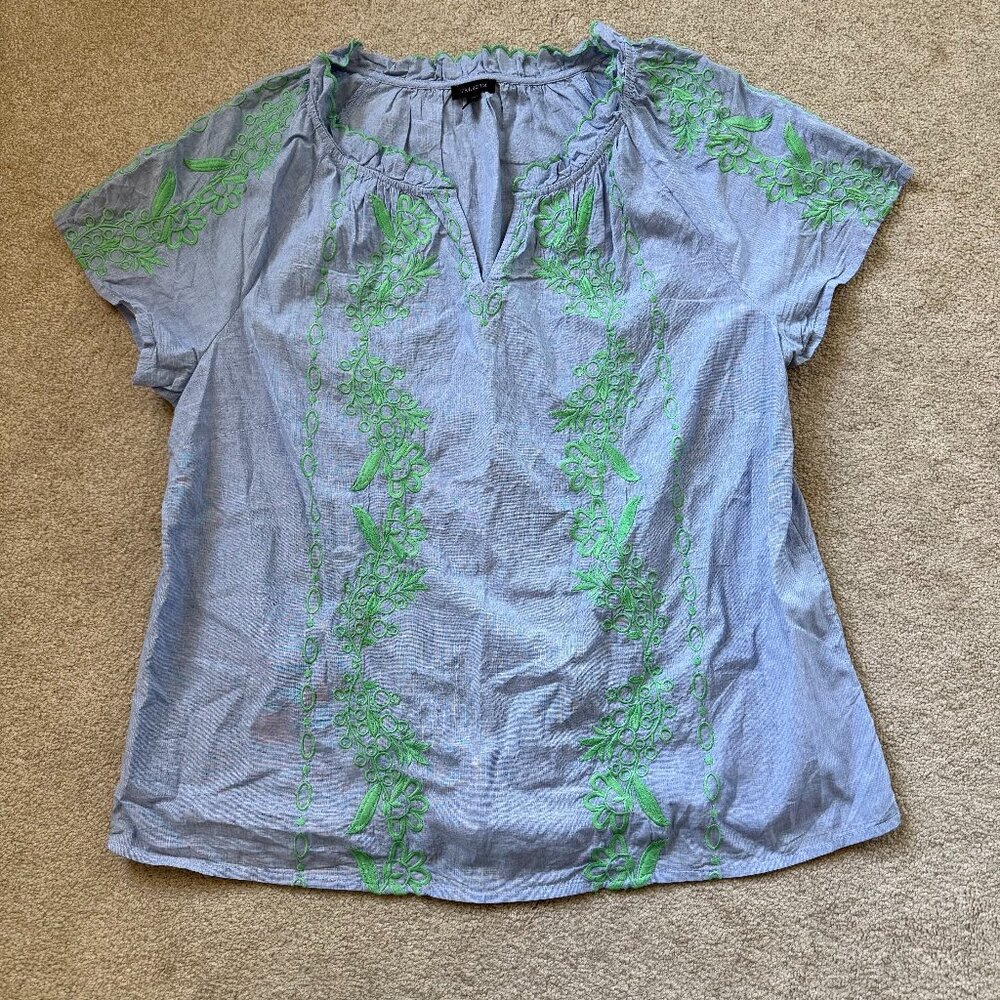 Talbots‎ Floral Embroidered Top Blue Green Embroidered Sz M